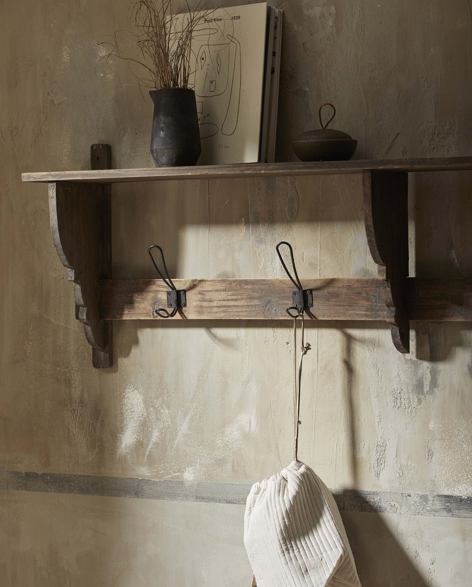 CARONU shelf, 4 hooks, reclaimed wood - nature