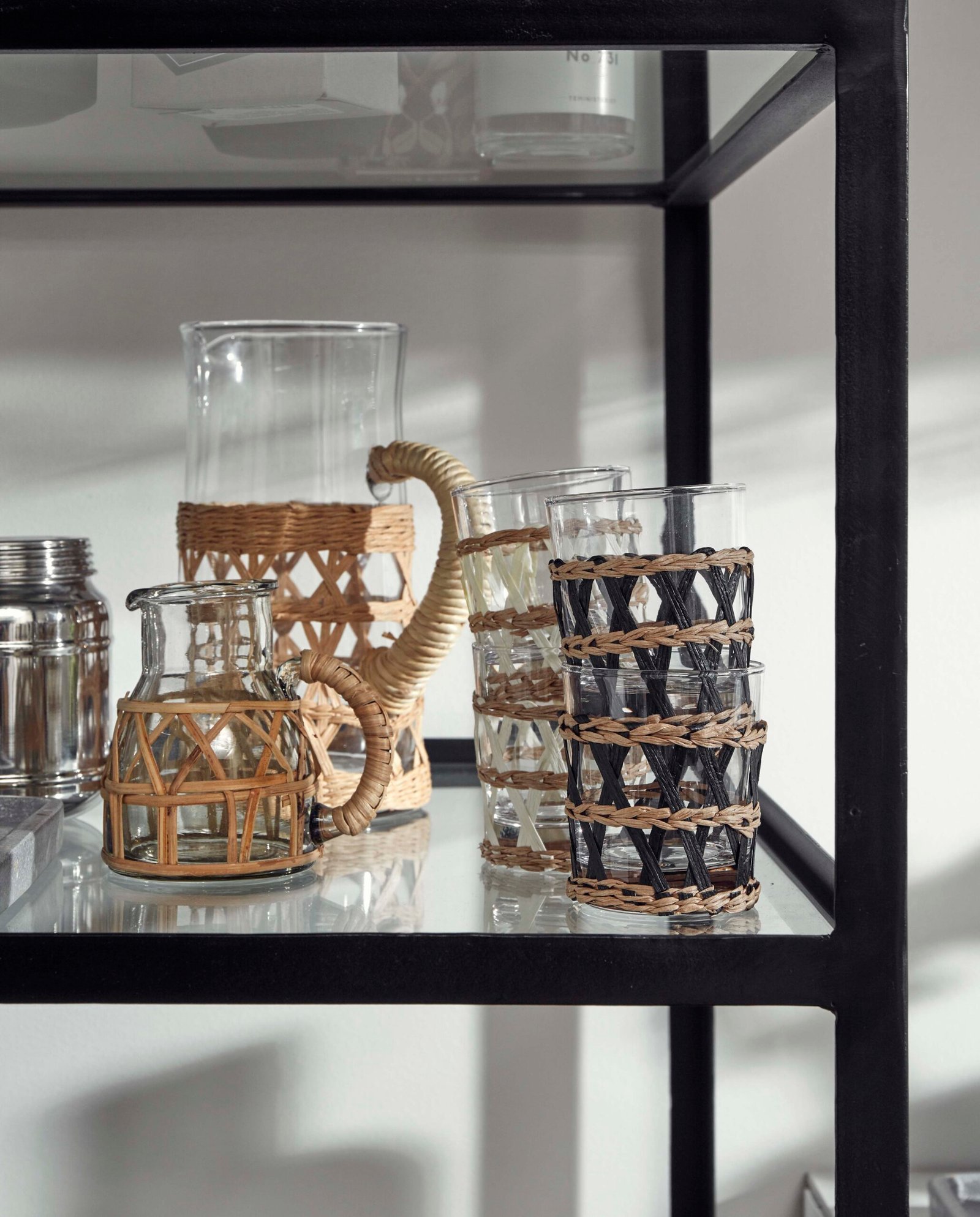 WEVA creamer, glass w/rattan, small
