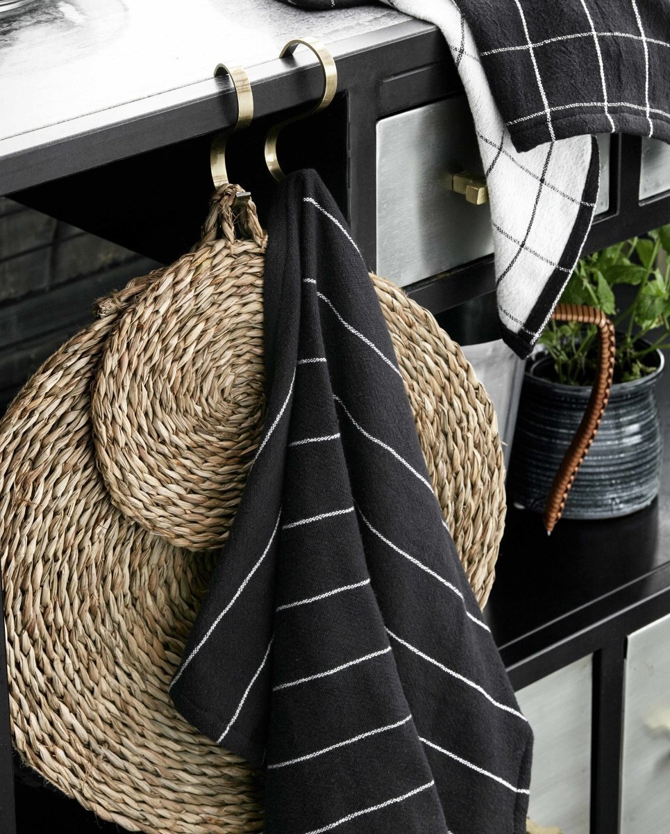 Tea towel, check/stripe - black/natural